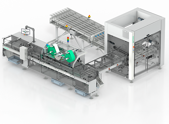 Syntegon high-speed cookie and cracker packaging machine with integrated handling system for efficient product flow.